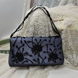 Black Beaded Evening Handbag Purse Floral Pattern